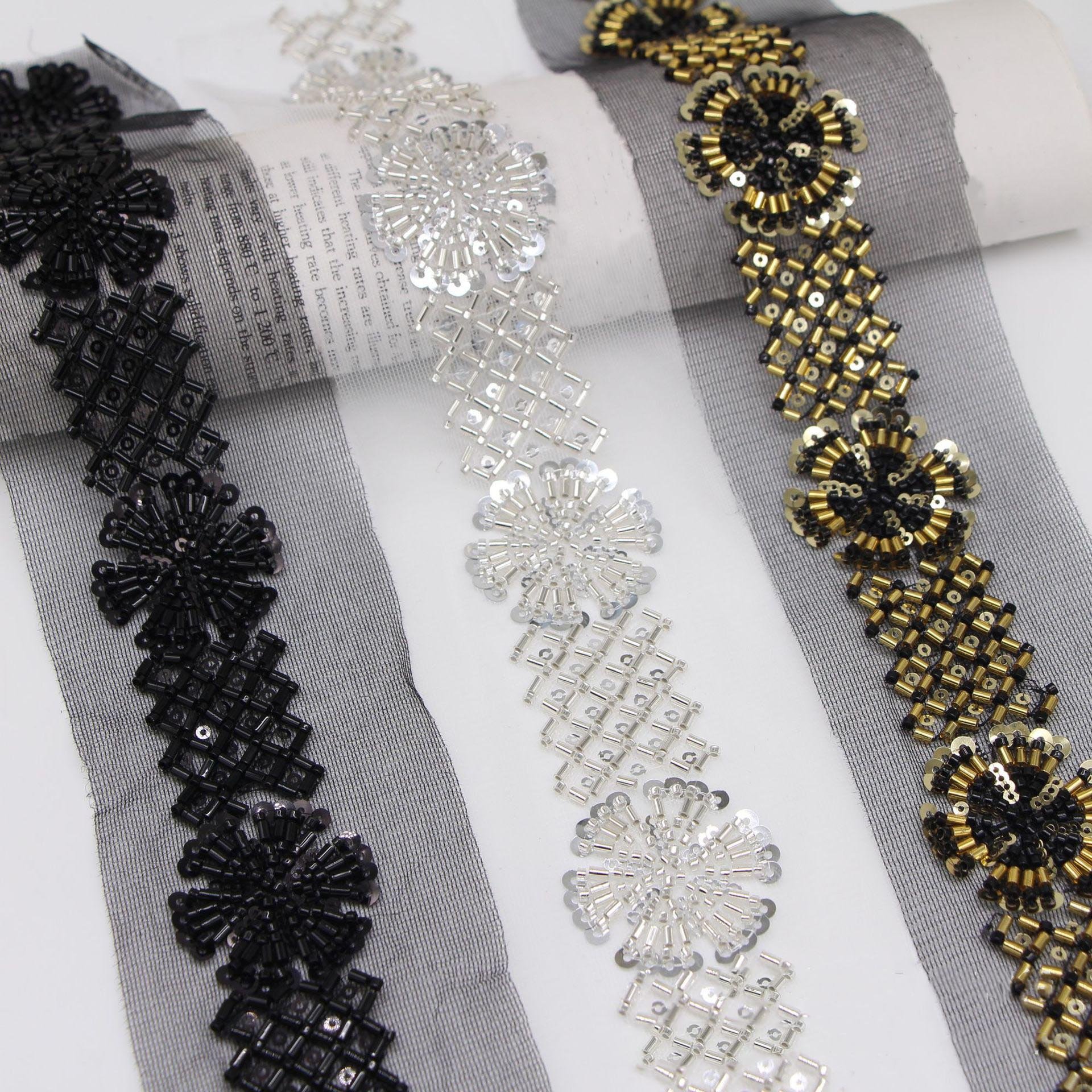 7cm diy clothes sewing decorative beaded lace fabric mesh embroidery flower sequined and beaded trimming ribbon net textile trim