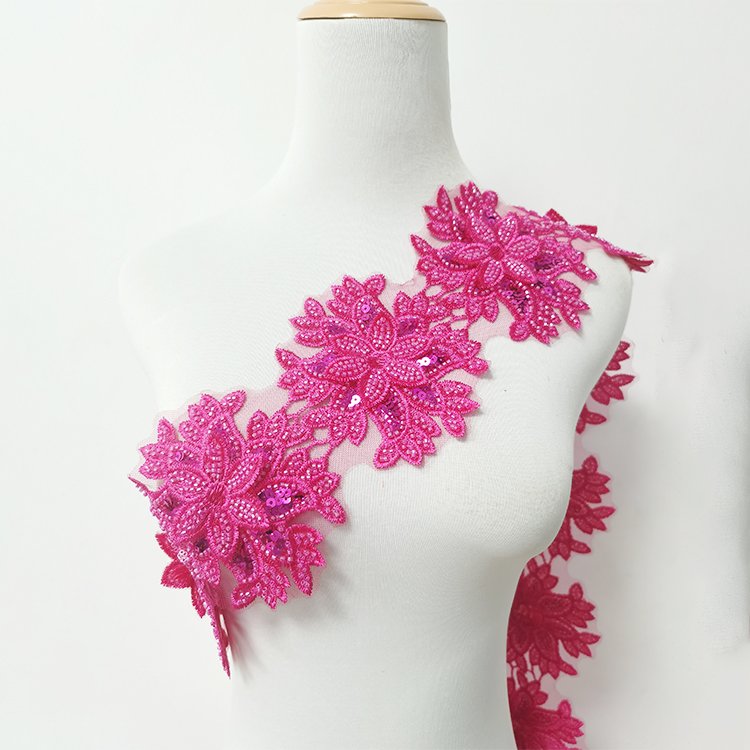 Wholesale Polyester Stretch Sequin Trim Floral Embroidery Lace Beaded Trim Applique 3D Flower Lace Trim