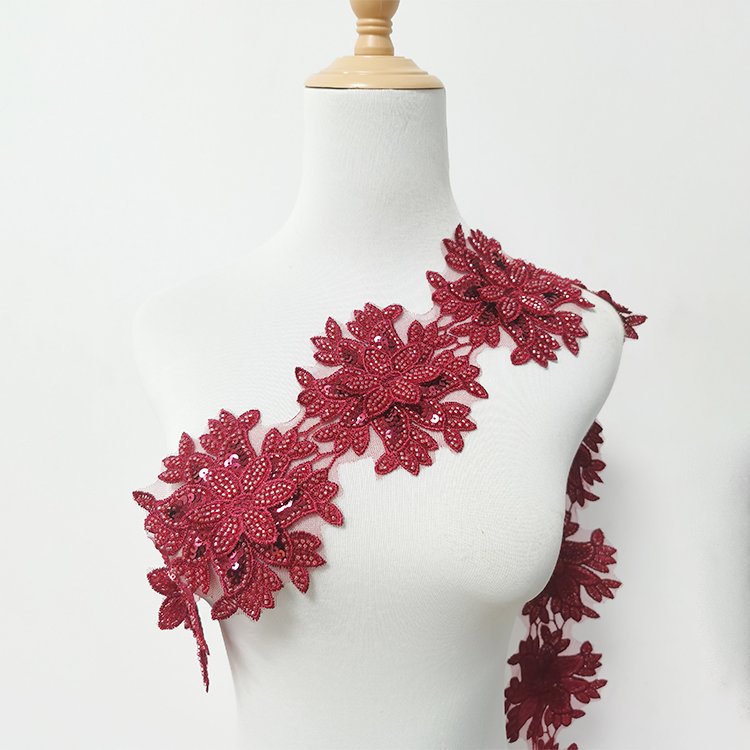 Wholesale Polyester Stretch Sequin Trim Floral Embroidery Lace Beaded Trim Applique 3D Flower Lace Trim