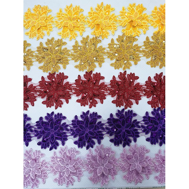 Wholesale Polyester Stretch Sequin Trim Floral Embroidery Lace Beaded Trim Applique 3D Flower Lace Trim
