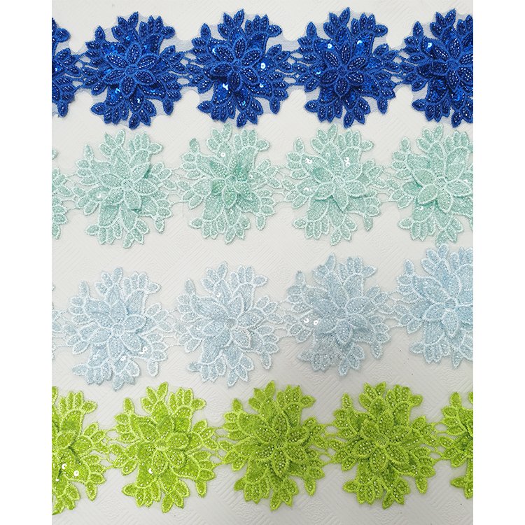 Wholesale Polyester Stretch Sequin Trim Floral Embroidery Lace Beaded Trim Applique 3D Flower Lace Trim