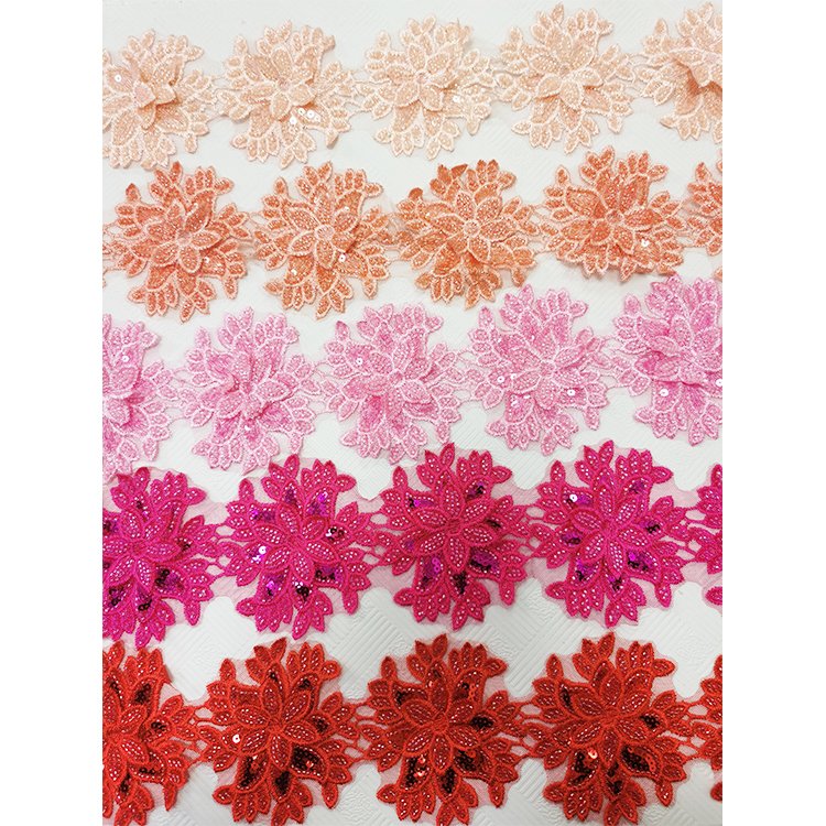 Wholesale Polyester Stretch Sequin Trim Floral Embroidery Lace Beaded Trim Applique 3D Flower Lace Trim