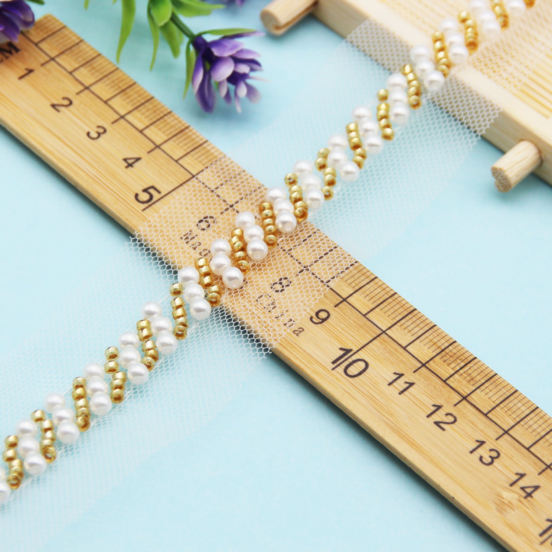 Handmade bead trims three bead pearl GOLD lace mesh DIY glass embroidery silver lace webbing garment accessories