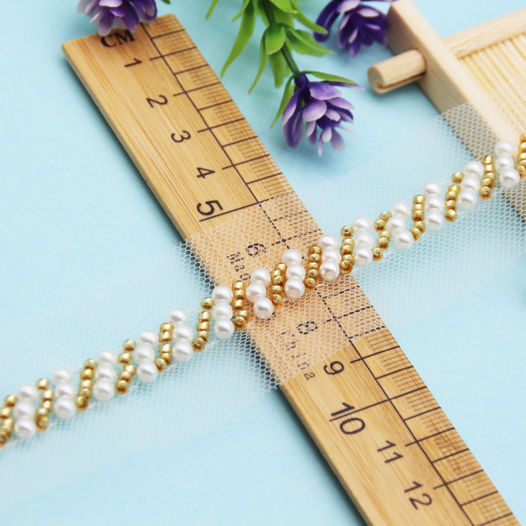 Handmade bead trims three bead pearl GOLD lace mesh DIY glass embroidery silver lace webbing garment accessories