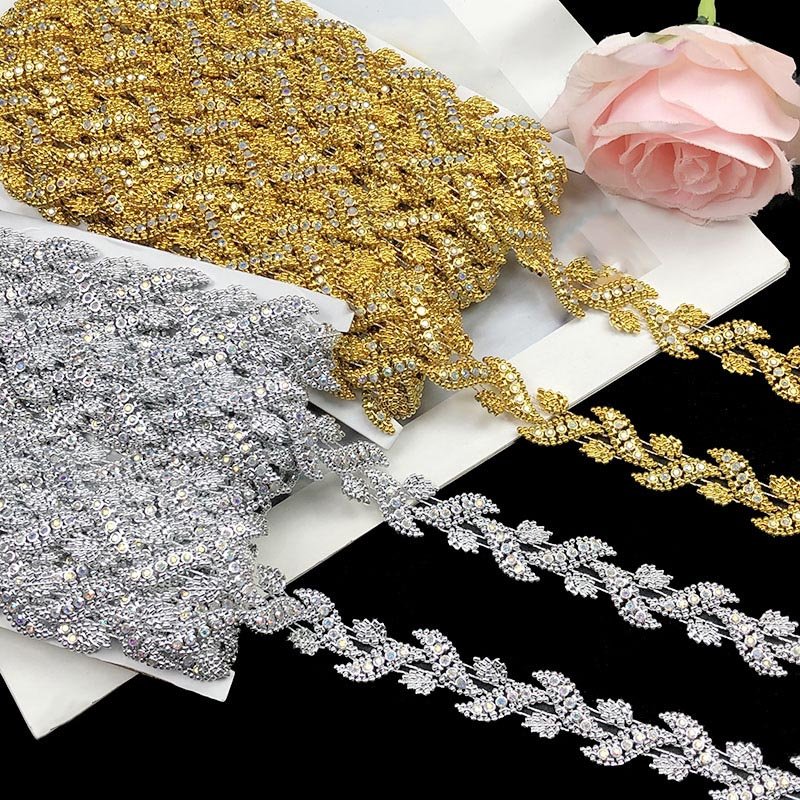 costume decorative silver gold plated trimming leaf acrylic rhinestones chain lace ribbon dress upholstery sewing textile trims