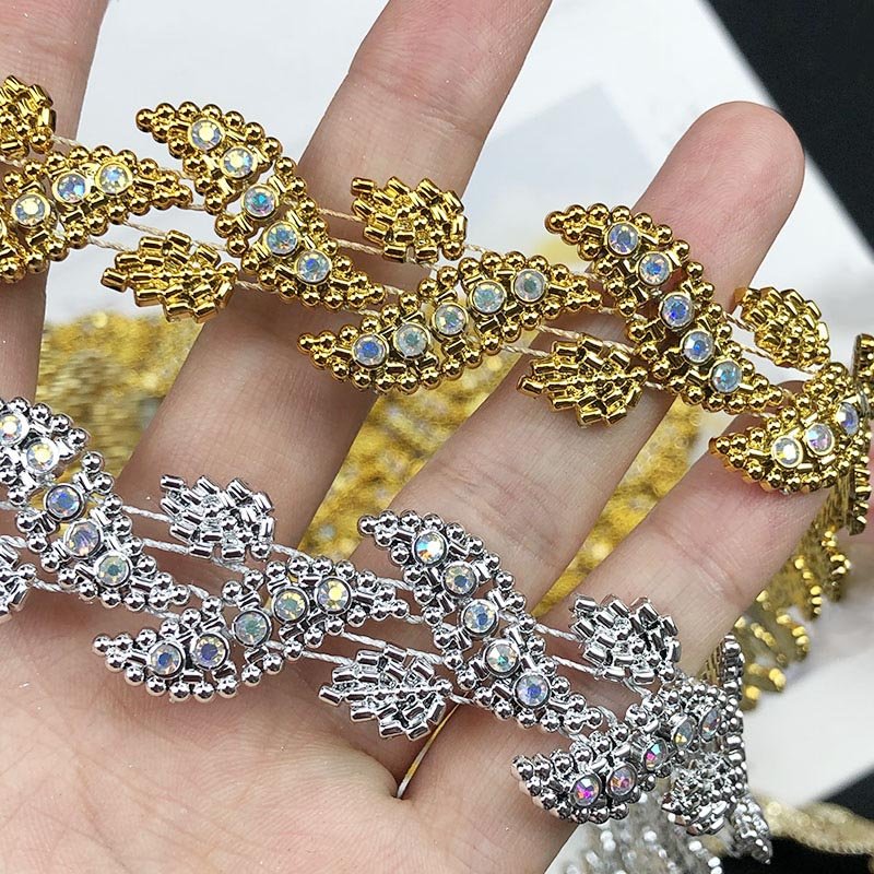 costume decorative silver gold plated trimming leaf acrylic rhinestones chain lace ribbon dress upholstery sewing textile trims