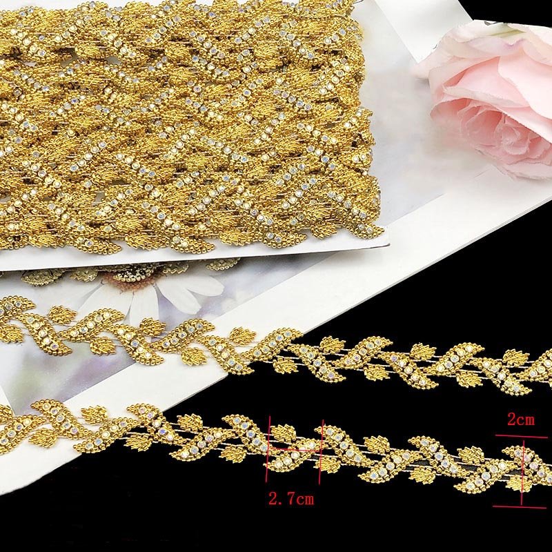 costume decorative silver gold plated trimming leaf acrylic rhinestones chain lace ribbon dress upholstery sewing textile trims