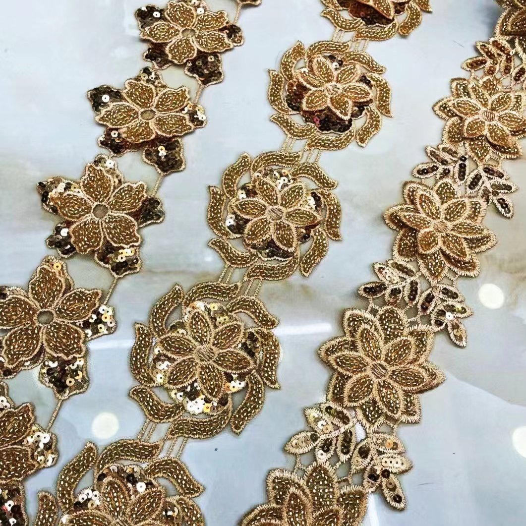 polyester lace gold thread sequin embroidery lace trim for clothes Embroidery gold thread sequin lace
