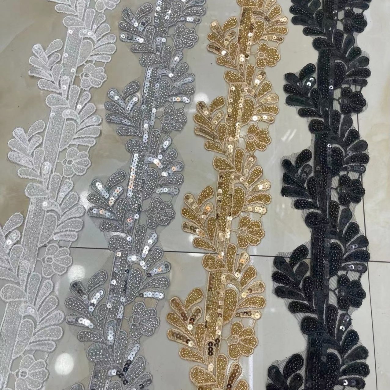 polyester lace gold thread sequin embroidery lace trim for clothes Embroidery gold thread sequin lace