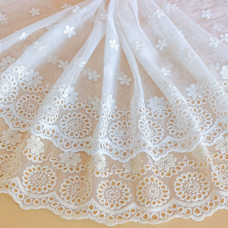 Custom Luxurious Beige Nylon Jacquard Mesh Cotton Tulle Textile Lace Trim Embroidery Fabric For Wedding Dress