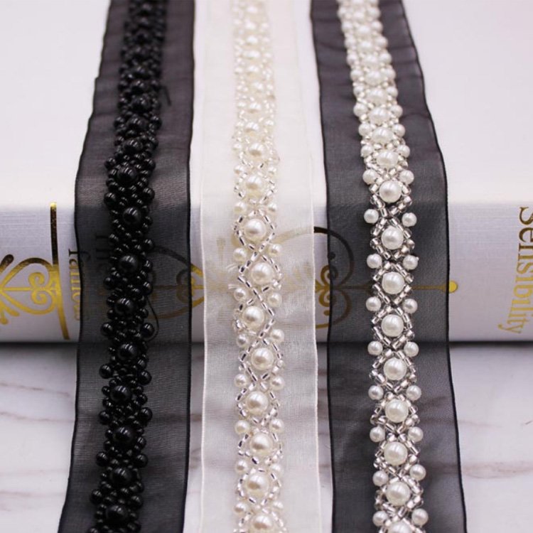 hot sale bulk stocklot hand made organza base pearl lace trim for woman apparel