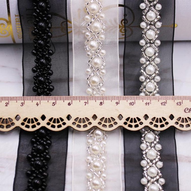 hot sale bulk stocklot hand made organza base pearl lace trim for woman apparel