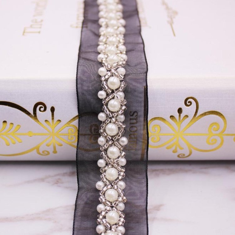 hot sale bulk stocklot hand made organza base pearl lace trim for woman apparel