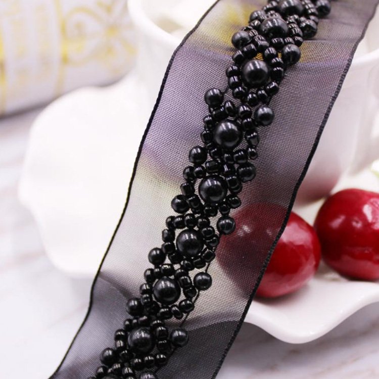 hot sale bulk stocklot hand made organza base pearl lace trim for woman apparel