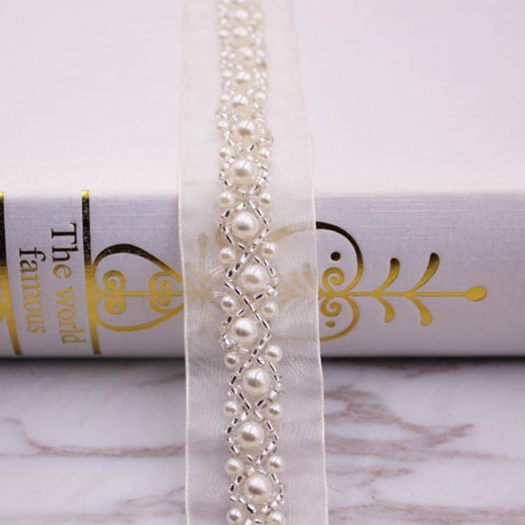 hot sale bulk stocklot hand made organza base pearl lace trim for woman apparel