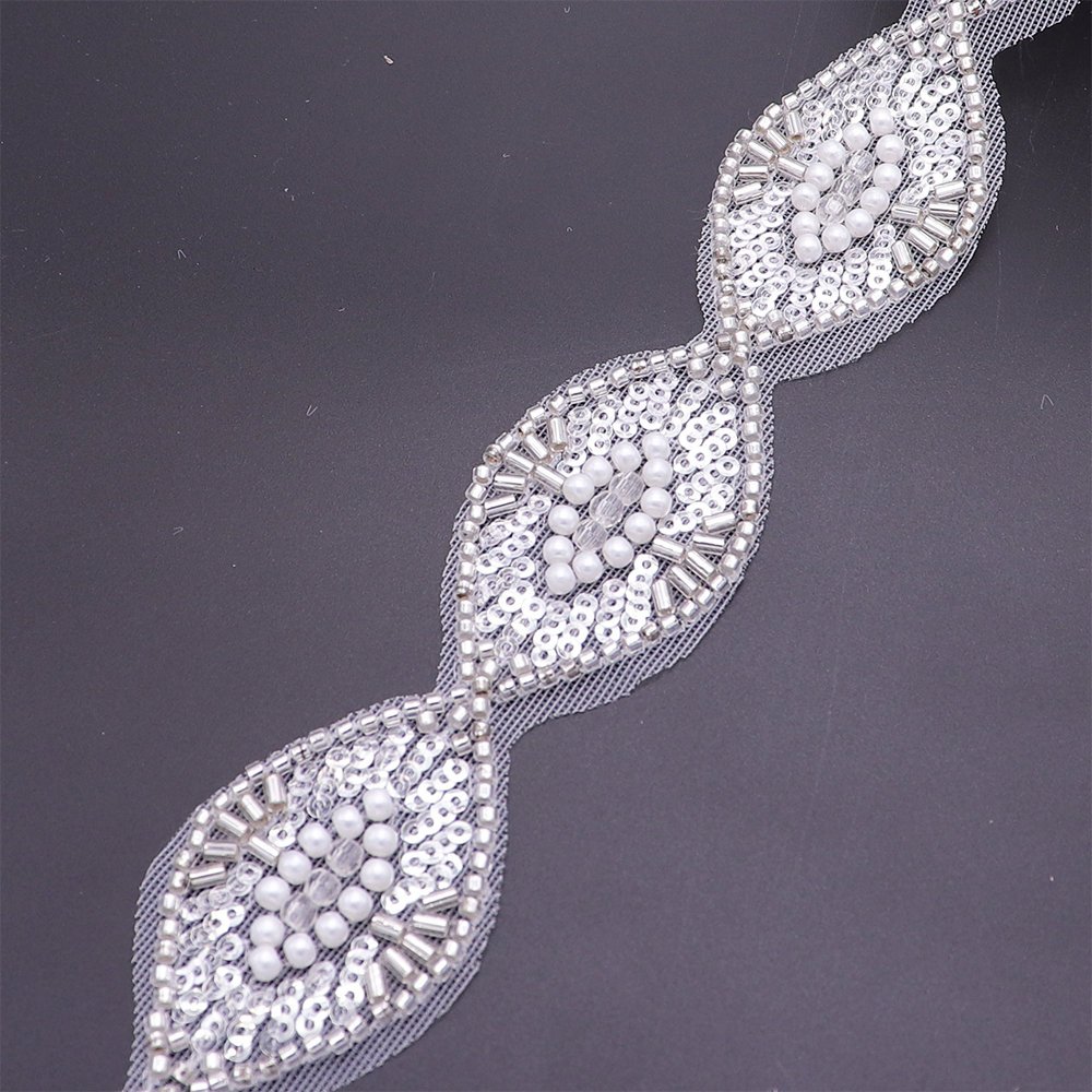 Luxury Embroidery Lace Trim Rhombus Mesh Pearls Beaded Lace Trims For Women Dress Decoration