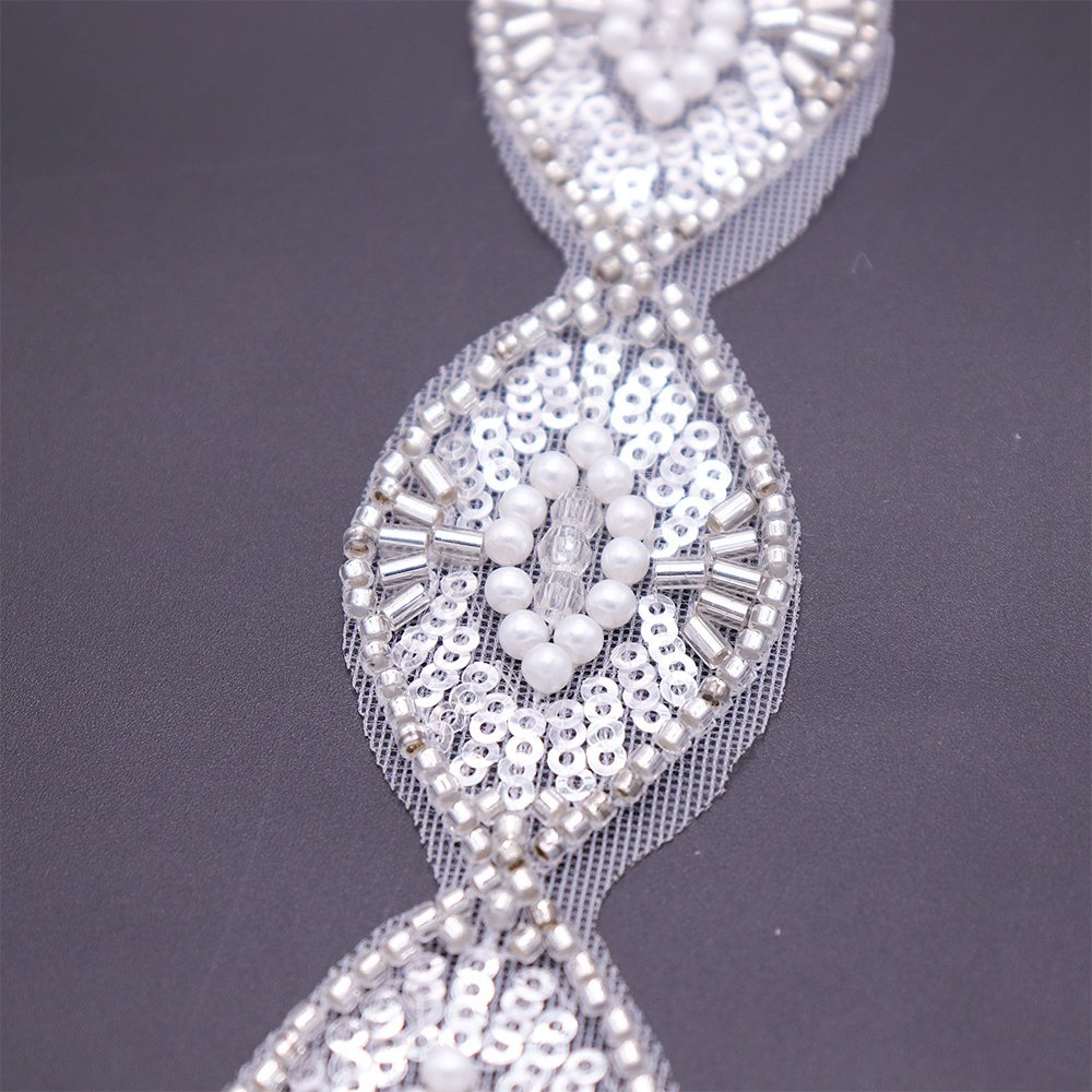Luxury Embroidery Lace Trim Rhombus Mesh Pearls Beaded Lace Trims For Women Dress Decoration
