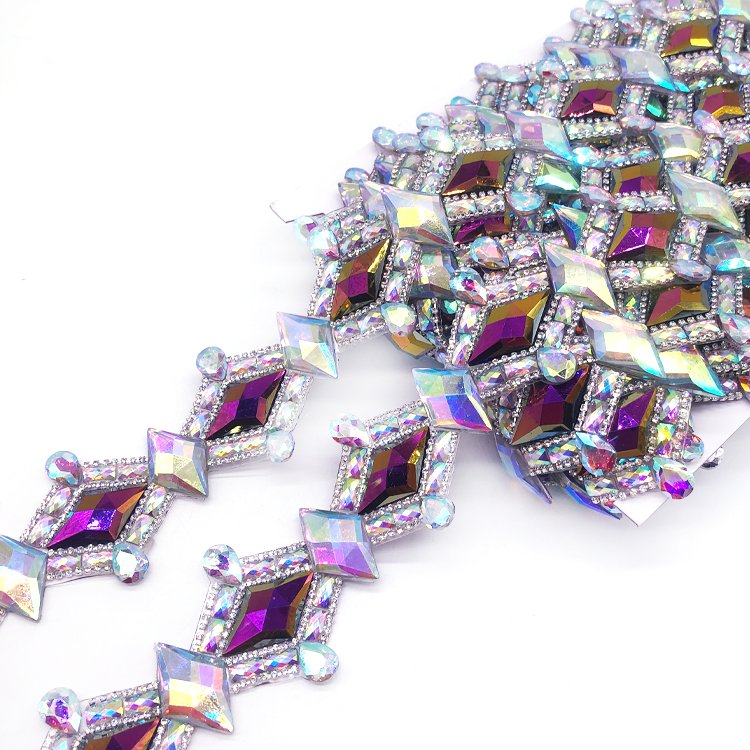 shine and elegance Crystal AB Purple Blue AB Rhinestone Iron On Trim bordered with crystal cup chain strip for carnival costume