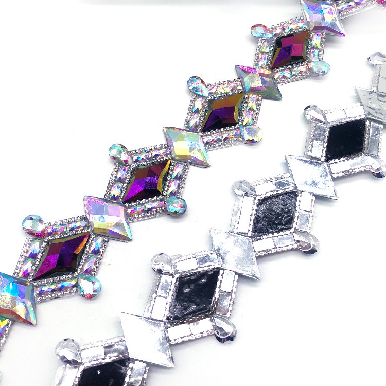 shine and elegance Crystal AB Purple Blue AB Rhinestone Iron On Trim bordered with crystal cup chain strip for carnival costume