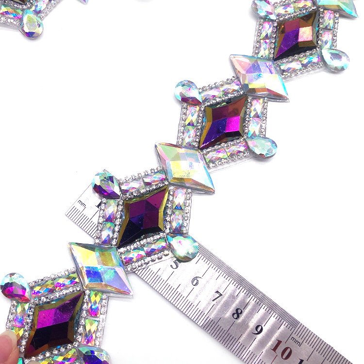 shine and elegance Crystal AB Purple Blue AB Rhinestone Iron On Trim bordered with crystal cup chain strip for carnival costume