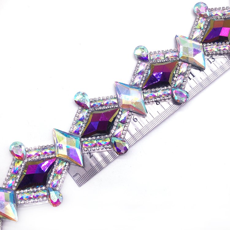 shine and elegance Crystal AB Purple Blue AB Rhinestone Iron On Trim bordered with crystal cup chain strip for carnival costume