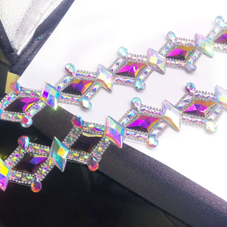 shine and elegance Crystal AB Purple Blue AB Rhinestone Iron On Trim bordered with crystal cup chain strip for carnival costume