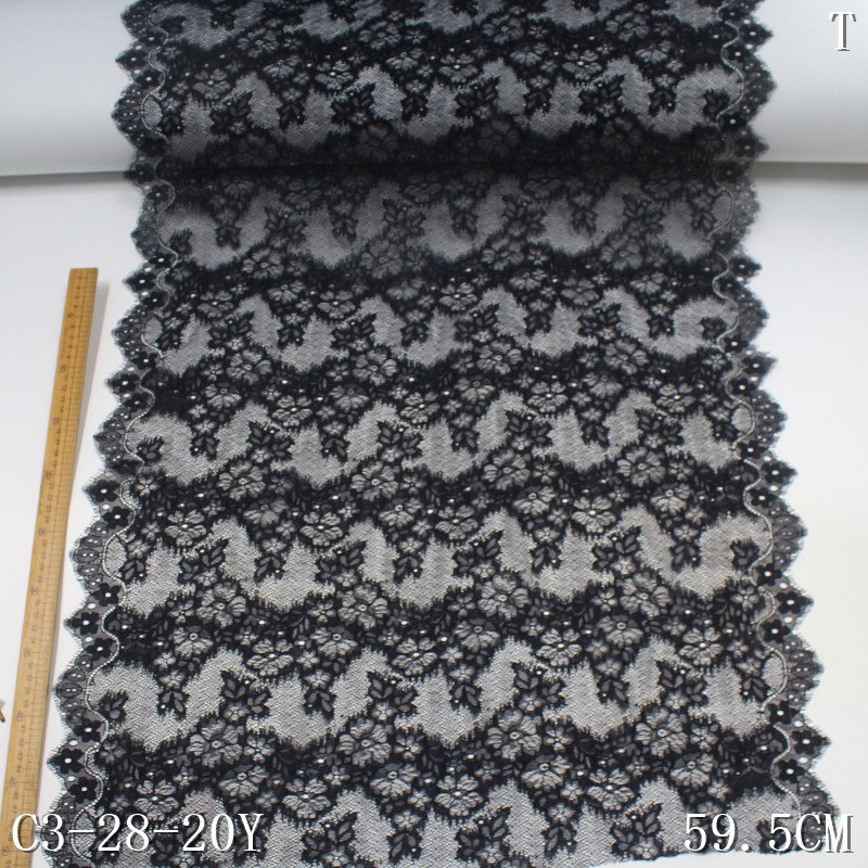 Elegant 60cm wide black 100% Nylon Chantilly French Lace Trim High Tulle Mesh Fabric for Evening Dress Clothing