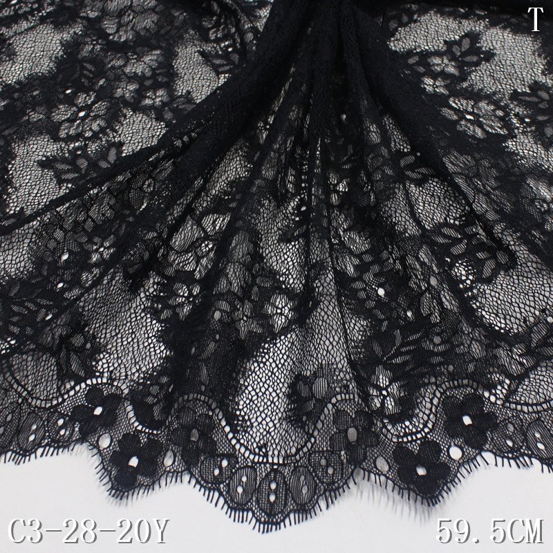 Elegant 60cm wide black 100% Nylon Chantilly French Lace Trim High Tulle Mesh Fabric for Evening Dress Clothing