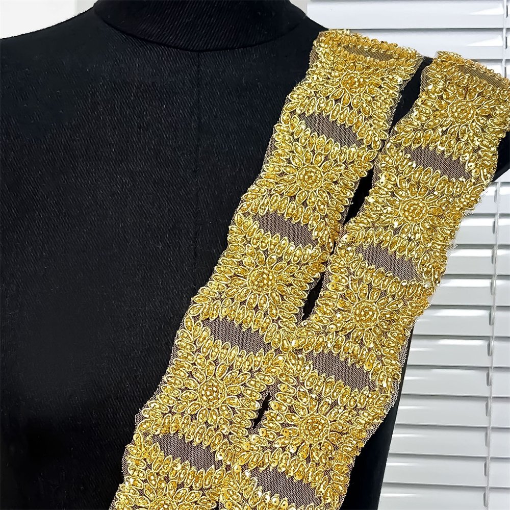 AFFINITY custom luxury gold sequin ribbon embroidery beaded lace trim for dress garment clothing accessories robe marriage abaya