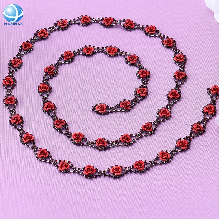Crystal Trimming Chain Rhinestone Red Rose Flower Wedding Dress Crystal Fancy Stone Cup Chain