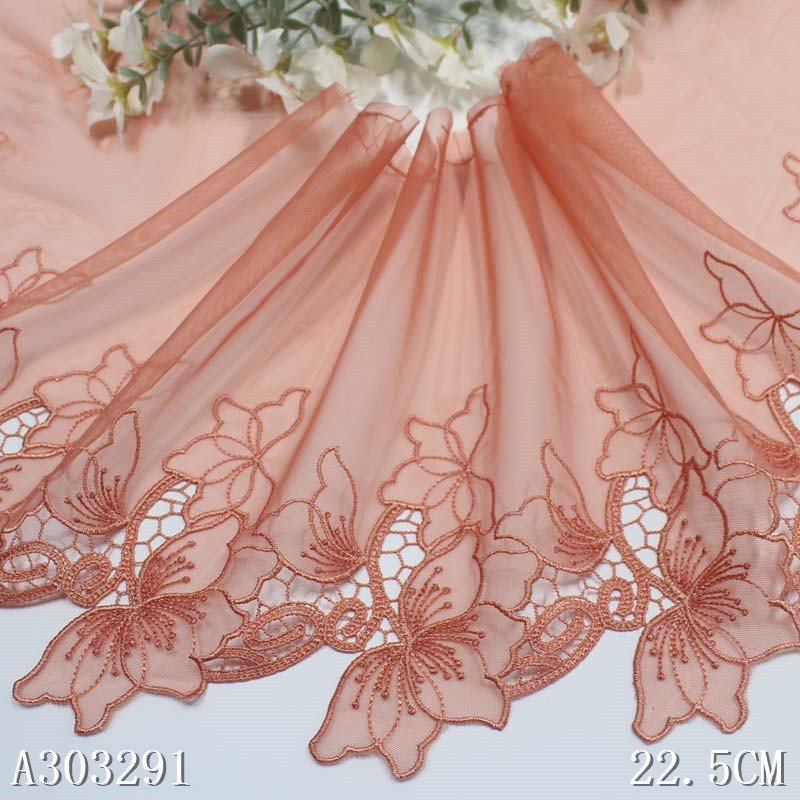 Wholesale Delicate High Quality 23cm Shiny Flower Embroidery Lace Trim For Women Dress Light Purple Tulle Guipure Lace