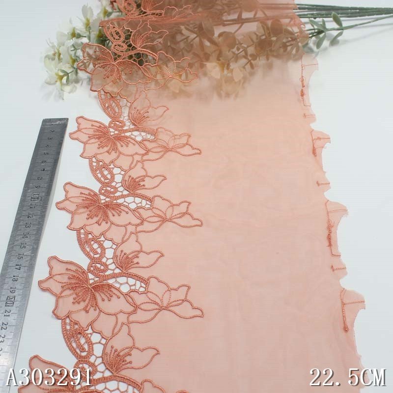 Wholesale Delicate High Quality 23cm Shiny Flower Embroidery Lace Trim For Women Dress Light Purple Tulle Guipure Lace