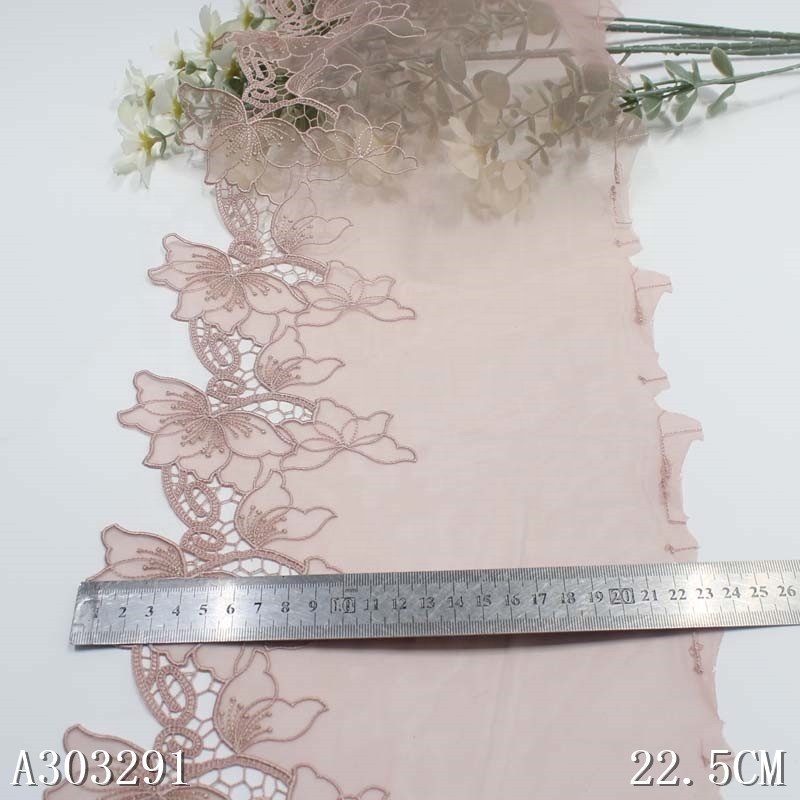 Wholesale Delicate High Quality 23cm Shiny Flower Embroidery Lace Trim For Women Dress Light Purple Tulle Guipure Lace