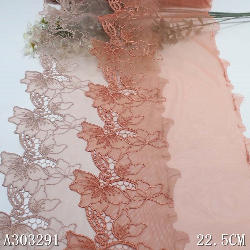 Wholesale Delicate High Quality 23cm Shiny Flower Embroidery Lace Trim For Women Dress Light Purple Tulle Guipure Lace