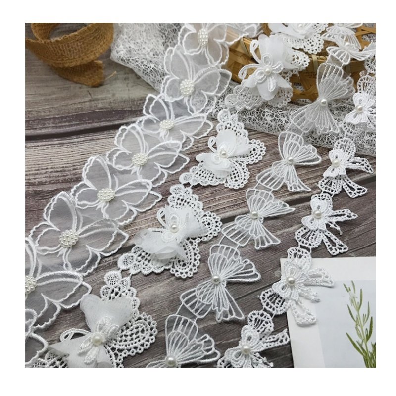 price reasonable white embroidery bows ribbon butterfly lace trim fabric for wedding bridal dresses garment accessories H006
