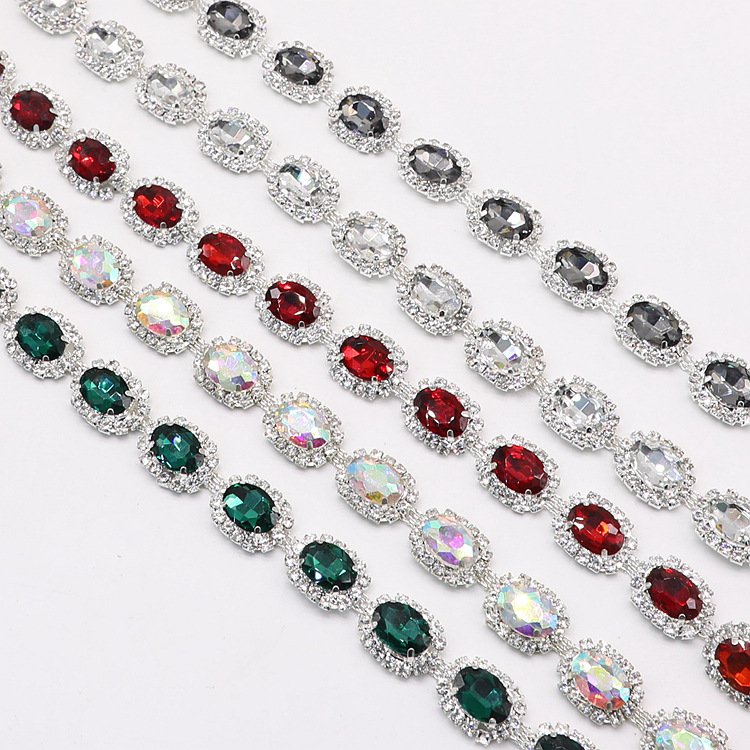 JFRC014 Quality Sew Oval Rhinestone Chain Crystal Rhinestone Trimming Link Chain For Wedding Dress