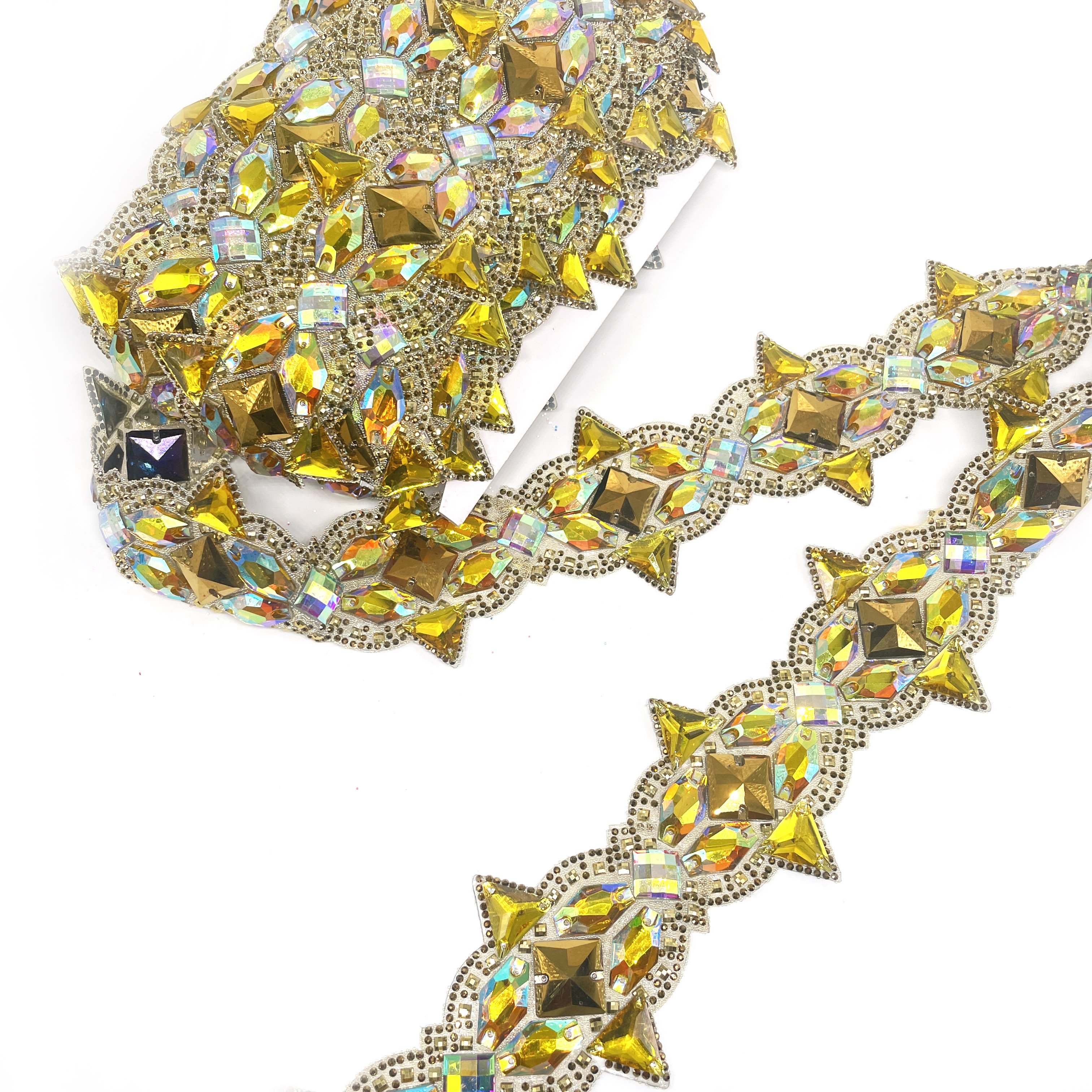 Customized Gold Yellow AB Aquamarine AB Rhinestone Iron-On Hot Fix Trimming Garment Saint Lucia Carnival Costume Shoes Bags