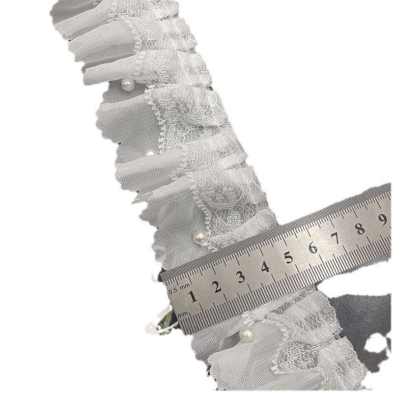 Width 5 cm water soluble 3 D Embroidered folded lace ribbon pearls beads mesh chiffon lace trim for dress hem