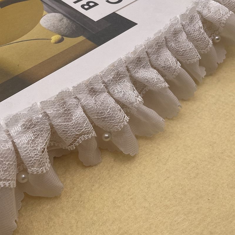 Width 5 cm water soluble 3 D Embroidered folded lace ribbon pearls beads mesh chiffon lace trim for dress hem