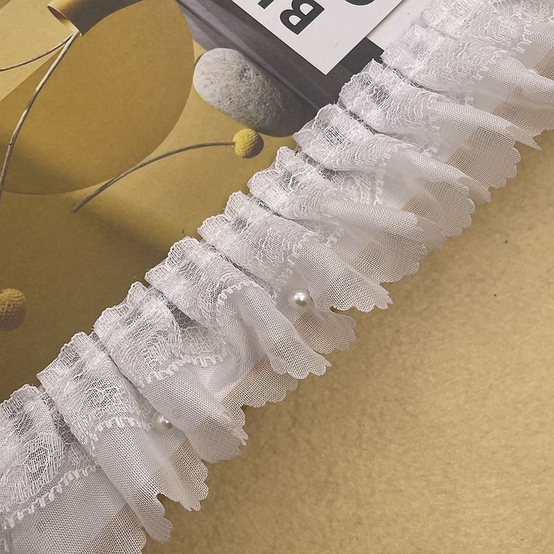 Width 5 cm water soluble 3 D Embroidered folded lace ribbon pearls beads mesh chiffon lace trim for dress hem