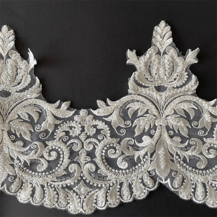 Latest design 23cm wide white beaded lace trim embroidered for wedding veil