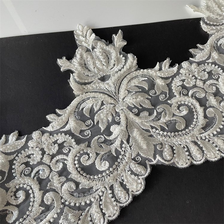 Latest design 23cm wide white beaded lace trim embroidered for wedding veil