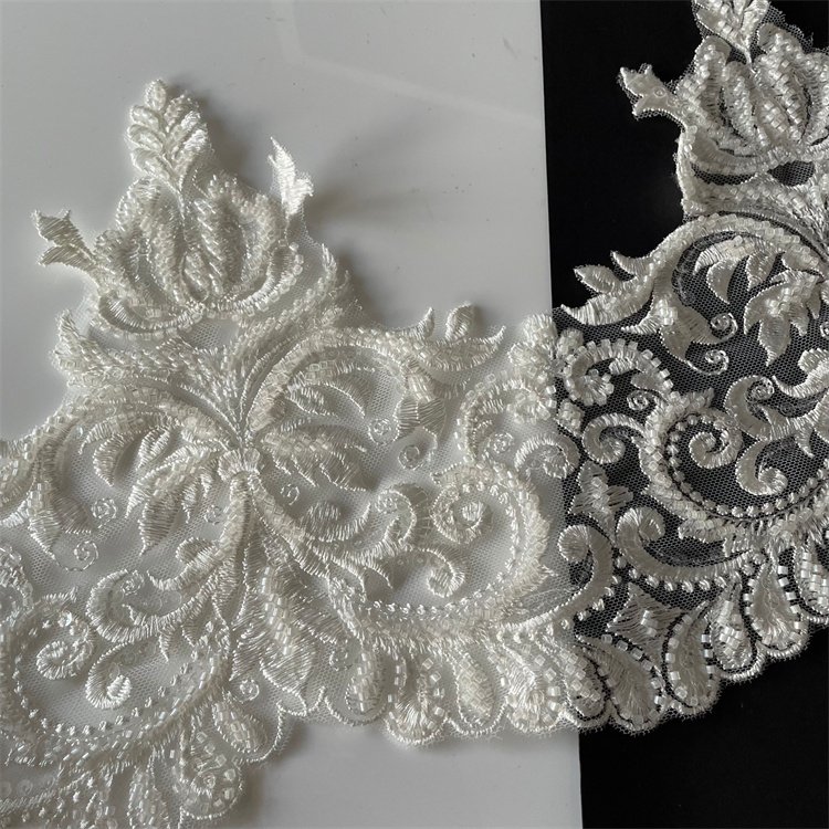 Latest design 23cm wide white beaded lace trim embroidered for wedding veil
