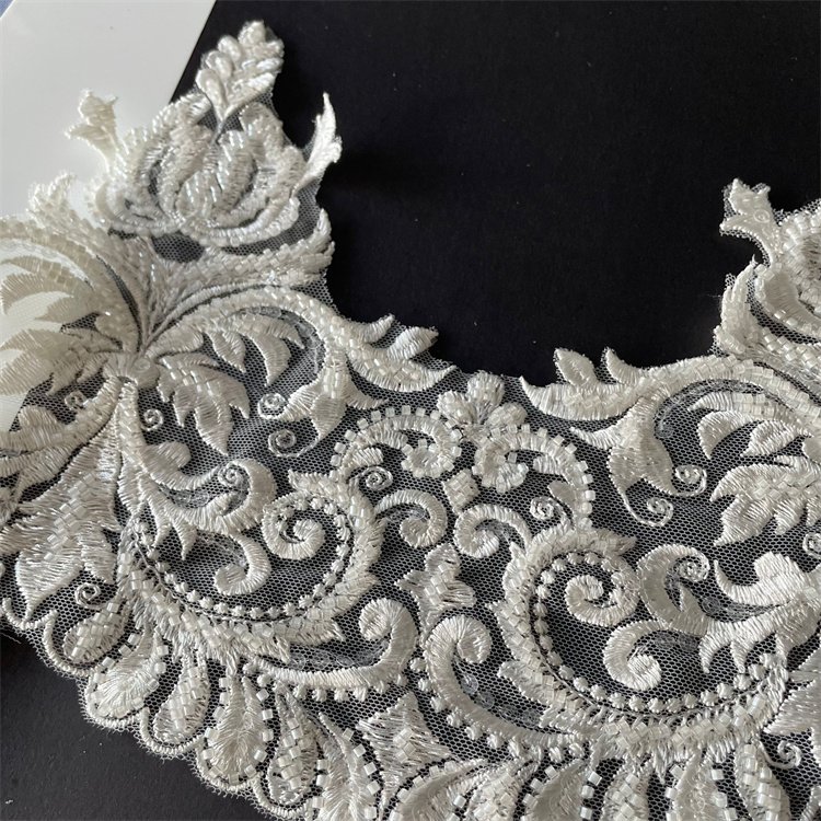 Latest design 23cm wide white beaded lace trim embroidered for wedding veil