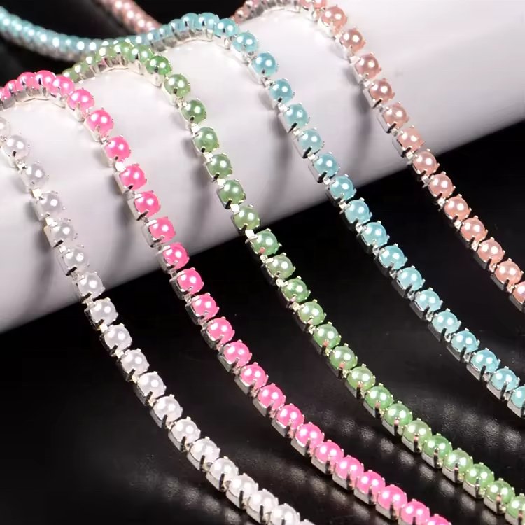 SS8 2.5MM Fashionable Silver Base Round Pearl Rhinestone Cup Chains Half Pearl Trimming Banding