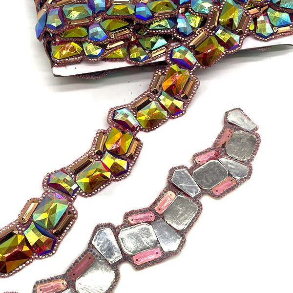2024 Iron on Colorful AB Rhinestone Trim Chain Strass Banding Hot fix Resin Applique for Carnival Clothes Crafts