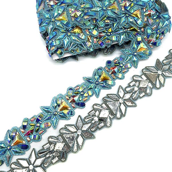 2024 Iron on Colorful AB Rhinestone Trim Chain Strass Banding Hot fix Resin Applique for Carnival Clothes Crafts