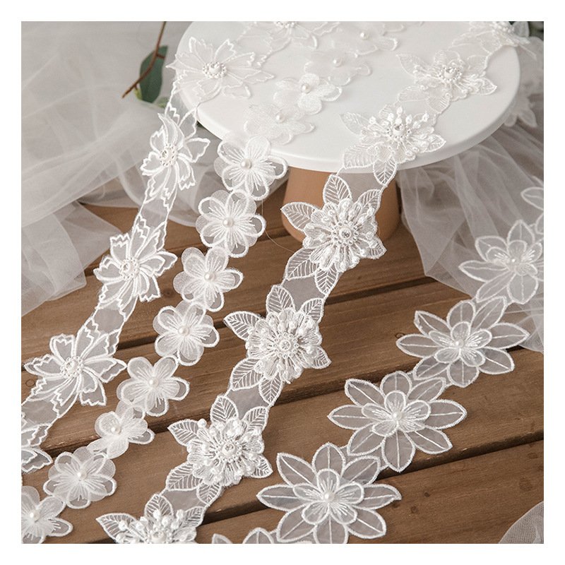 White double layer diamond handmade floral embroidery lace accessories Organza Lace Trim