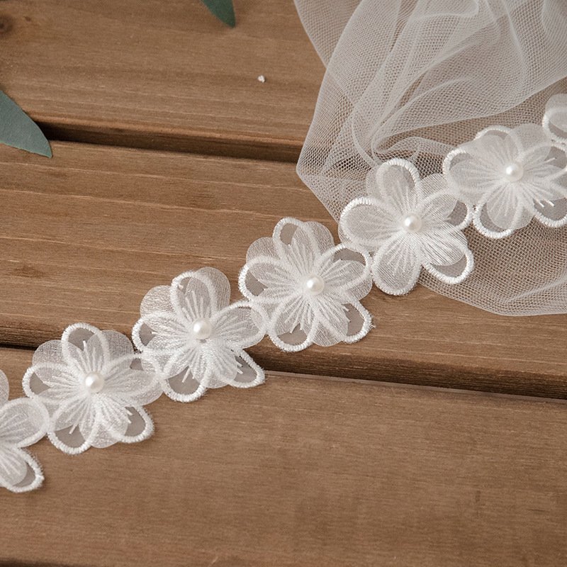 White double layer diamond handmade floral embroidery lace accessories Organza Lace Trim