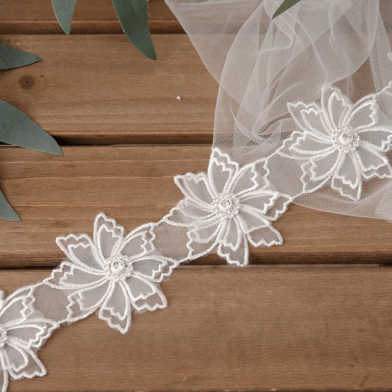White double layer diamond handmade floral embroidery lace accessories Organza Lace Trim